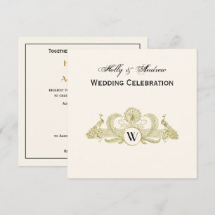 Vintage Peacocks Monogram Faux Gold Ivory BG Invitation