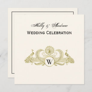 Vintage Peacocks Monogram Faux Gold Ivory BG Invitation