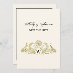 Vintage Peacocks Monogram Faux Gold Ivory BG Invitation