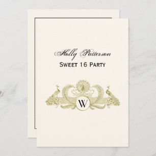 Vintage Peacocks Monogram Faux Gold Ivory BG Invitation