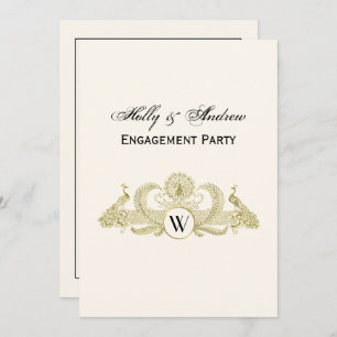 Vintage Peacocks Monogram Faux Gold Ivory BG Invitation