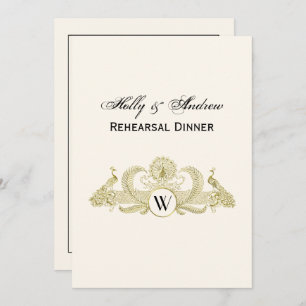 Vintage Peacocks Monogram Faux Gold Ivory BG Invitation