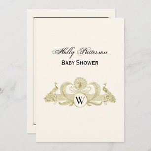 Vintage Peacocks Monogram Faux Gold Ivory BG Invitation