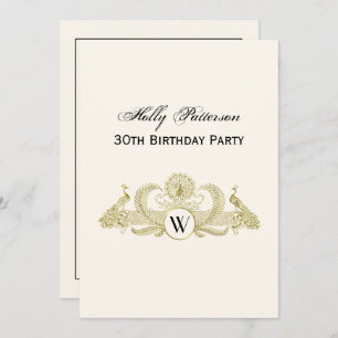 Vintage Peacocks Monogram Faux Gold Ivory BG Invitation