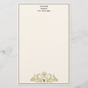 Vintage Peacocks Monogram Faux Gold Ivory BG Stationery