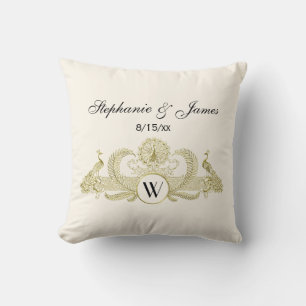 Vintage Peacocks Monogram Faux Gold Ivory BG Throw Pillow