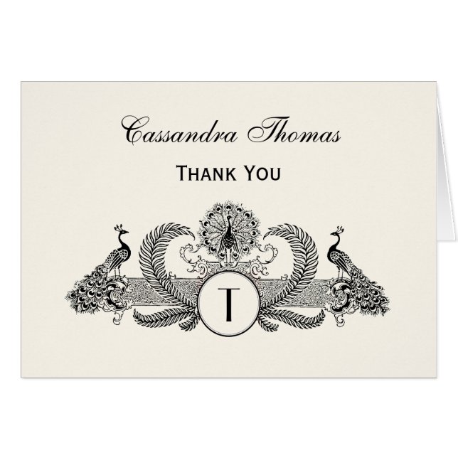 Vintage Peacocks Monogram Ivory BG Cards (Front Horizontal)