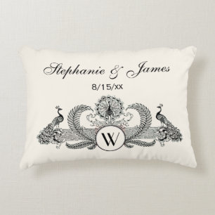 Vintage Peacocks Monogram Ivory BG Decorative Pillow