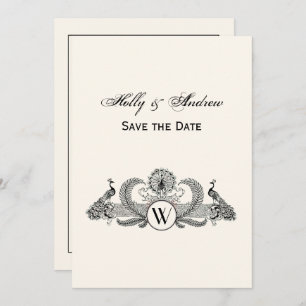 Vintage Peacocks Monogram Ivory BG Invitation