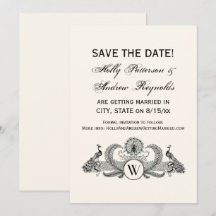 Vintage Peacocks Monogram Ivory BG Invitation