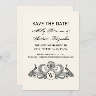 Vintage Peacocks Monogram Ivory BG Invitation