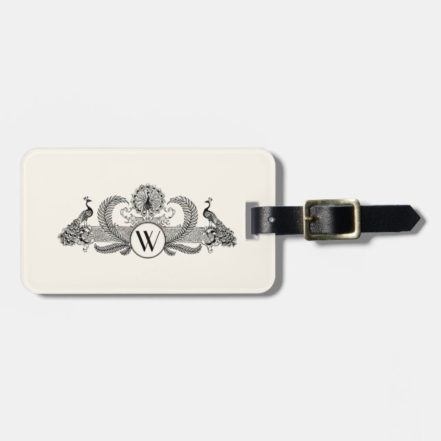 Vintage Peacocks Monogram Ivory BG Luggage Tag (Front Horizontal)