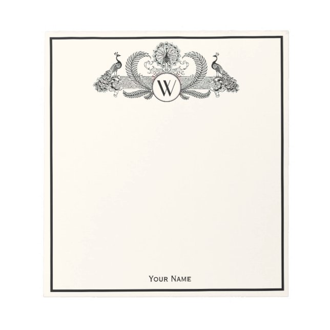 Vintage Peacocks Monogram Ivory BG Notepad (Front)