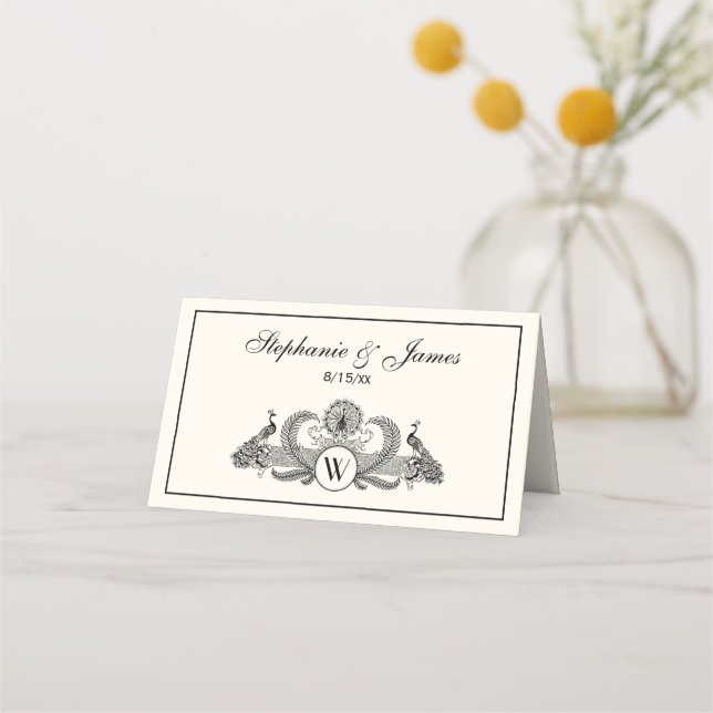Vintage Peacocks Monogram Ivory BG Place Card (Front)
