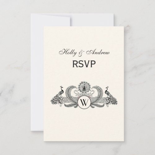 Vintage Peacocks Monogram Ivory BG RSVP Card