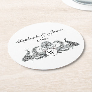 Vintage Peacocks Monogram Round Paper Coaster