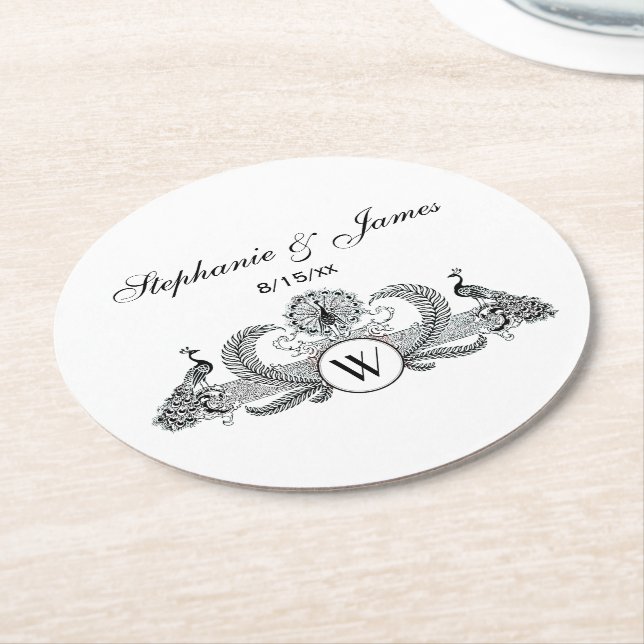 Vintage Peacocks Monogram Round Paper Coaster (Angled)