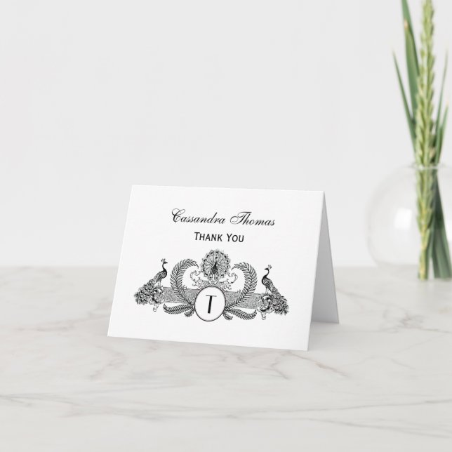Vintage Peacocks Monogram Thank You Card (Front)