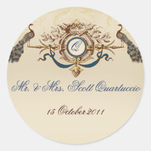Vintage Peacocks Wedding Favour Stickers Round b