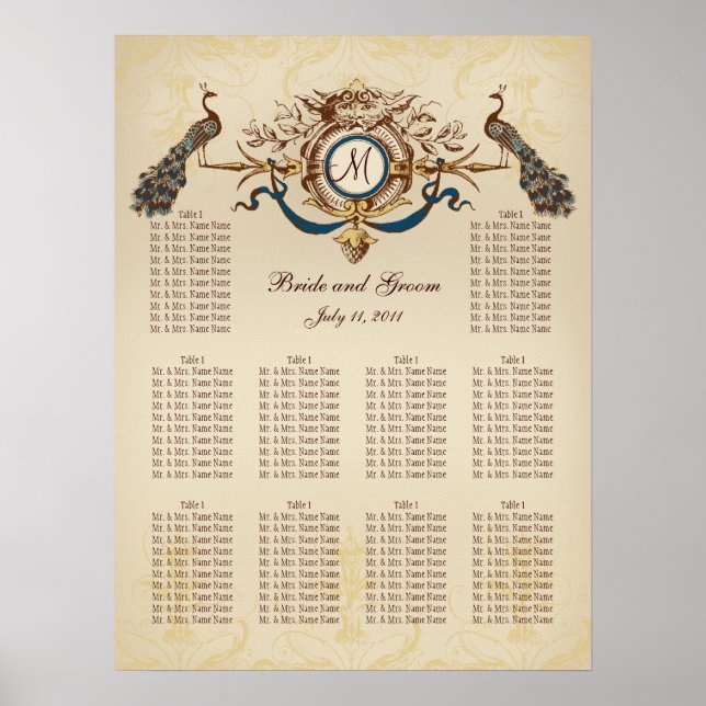 Vintage Peacocks Wedding Seating Chart (Front)