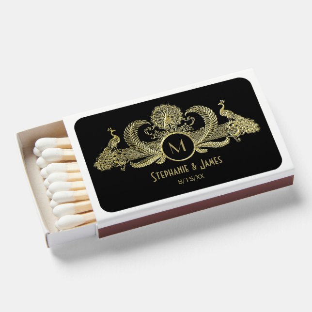 Vintage Peacocks with Monogram SV Faux Gold Matchboxes (Front Open)