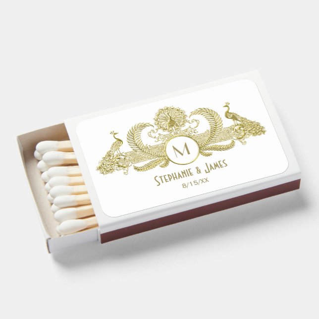 Vintage Peacocks with Monogram SV Faux Gold Matchboxes (Front Open)