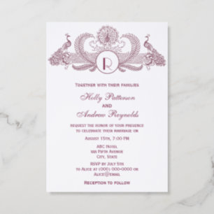 Vintage Peacocks with Monogram Wedding Berry Letterpress Photo Cards