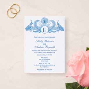 Vintage Peacocks with Monogram Wedding Blue Letterpress Photo Cards