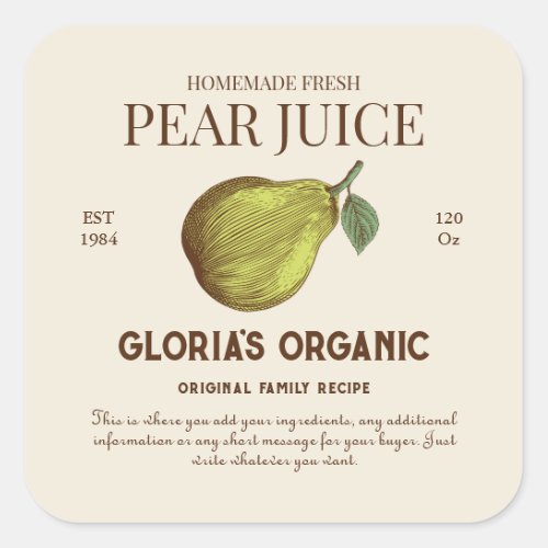 Vintage Pear Fruit Juice Custom Product Label