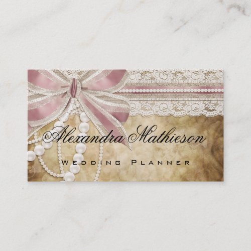 Vintage Pearls and Pink Ribbon Wedding Planner Business Card