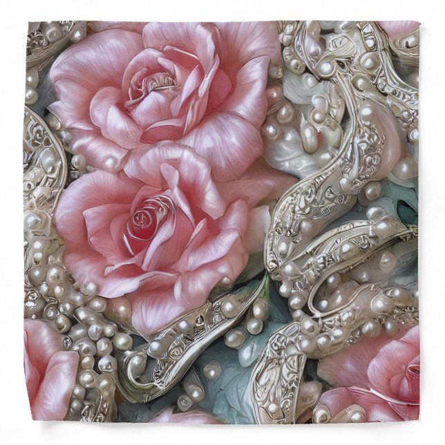 Vintage Pearls and Pink Roses Pattern  Bandana (Front)