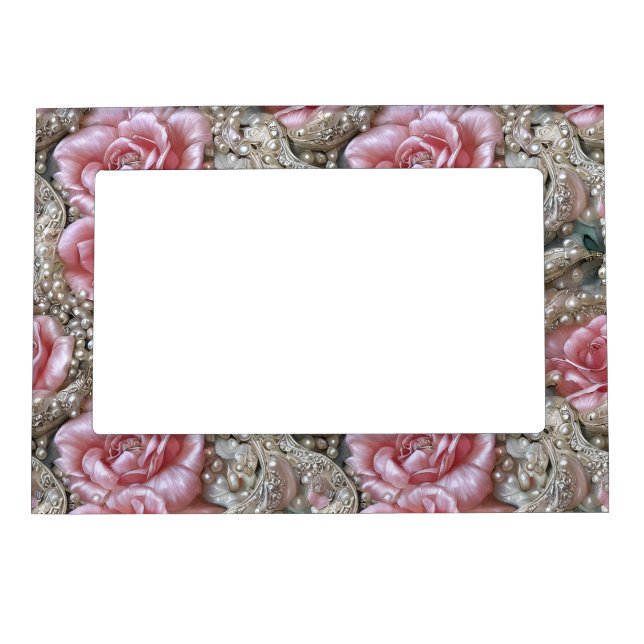 Vintage Pearls and Pink Roses Pattern    Magnetic Frame (Front)