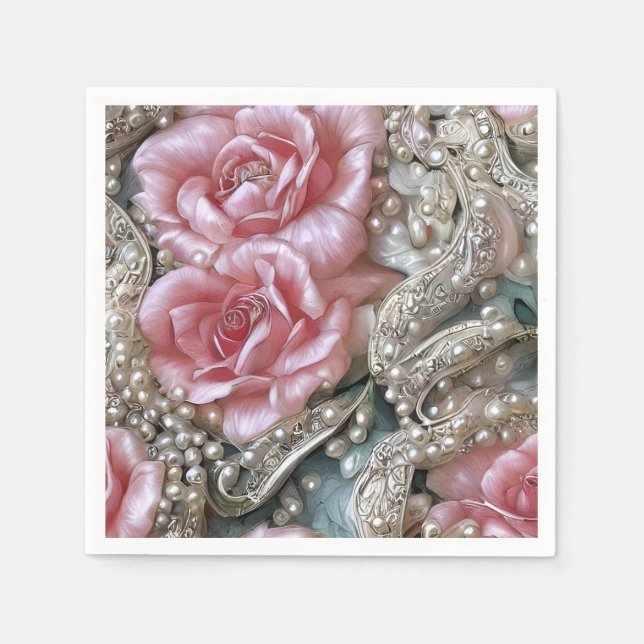 Vintage Pearls and Pink Roses Pattern  Napkins (Front)