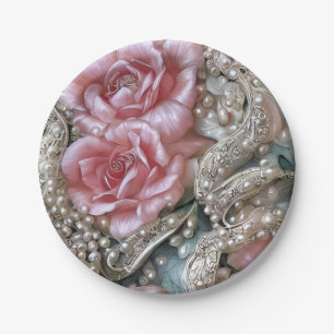Vintage Pearls and Pink Roses Pattern Paper Plates
