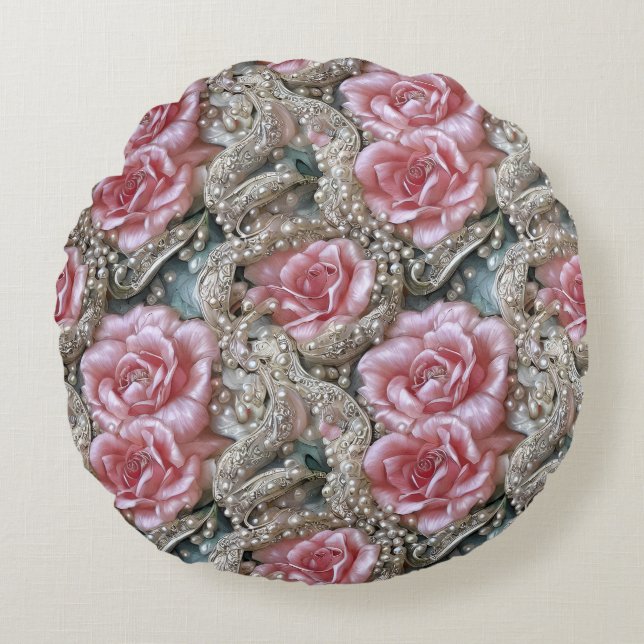 Vintage Pearls and Pink Roses Pattern  Round Pillow (Front)