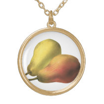 Vintage Pears, Organic Foods, Ripe Fruit Gold Plated Necklace