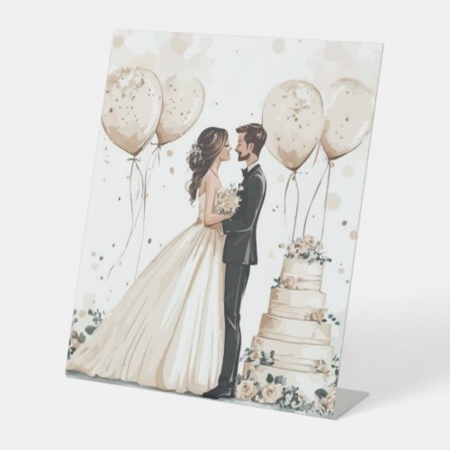 Vintage Pencil Sketch Couple &amp; Wedding Cake Tablet Pedestal Sign