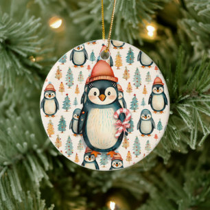Vintage Penguin with Candy Canes Christmas Ceramic Ornament
