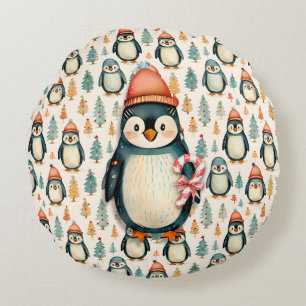 Vintage Penguin with Candy Canes Christmas Round Pillow