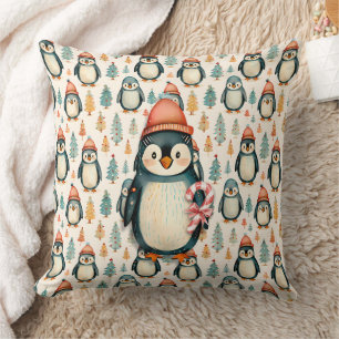 Vintage Penguin with Candy Canes Christmas Throw Pillow