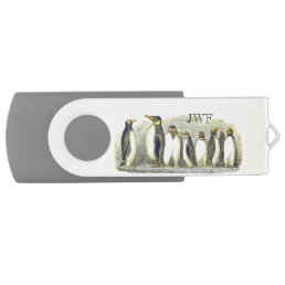 Vintage Penguins Drawing with Your Monogram Flash Drive