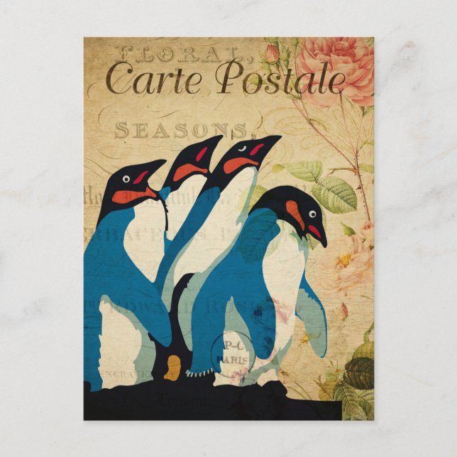Vintage Penguins Floral Flowers French Postcard (Front)