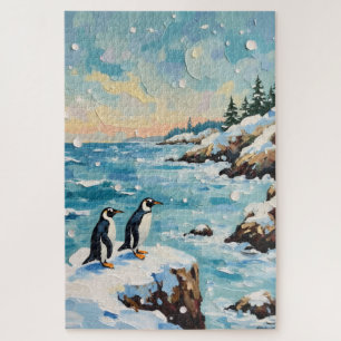 Vintage Penguins on Snowy Coastal Christmas Cliff Jigsaw Puzzle