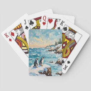 Vintage Penguins on Snowy Coastal Christmas Cliff Poker Cards