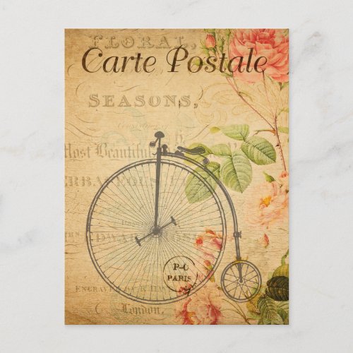 Vintage Penny Farthing Bicycle Bike Floral French Postcard
