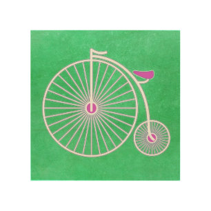 Vintage Penny Farthing Bicycle on Green Parchment Wood Wall Art