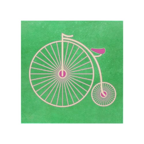Vintage Penny Farthing Bicycle on Green Parchment  Wood Wall Art
