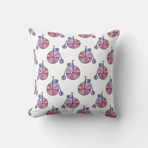 Vintage Penny Farthing Unicycle Pattern in Pink Throw Pillow