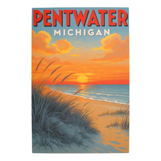 Vintage Pentwater Michigan Beach Sunset  Metal Print (Front)
