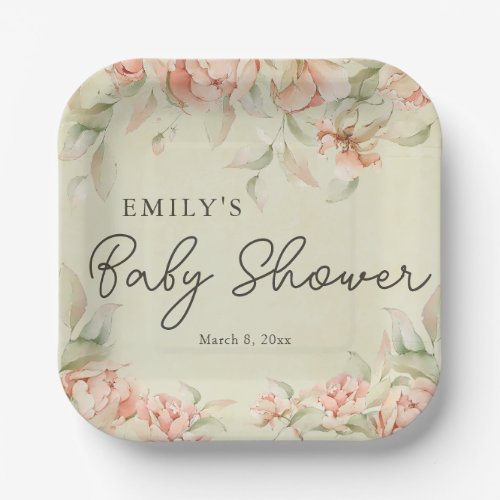 Vintage peonies floral Baby in Bloom Baby Shower Paper Plates